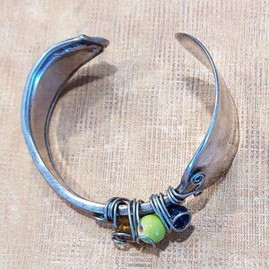 WM. A. ROGERS Vintage Sterling Silver Spoon Cuff Bracelet w/Green/Black Accents